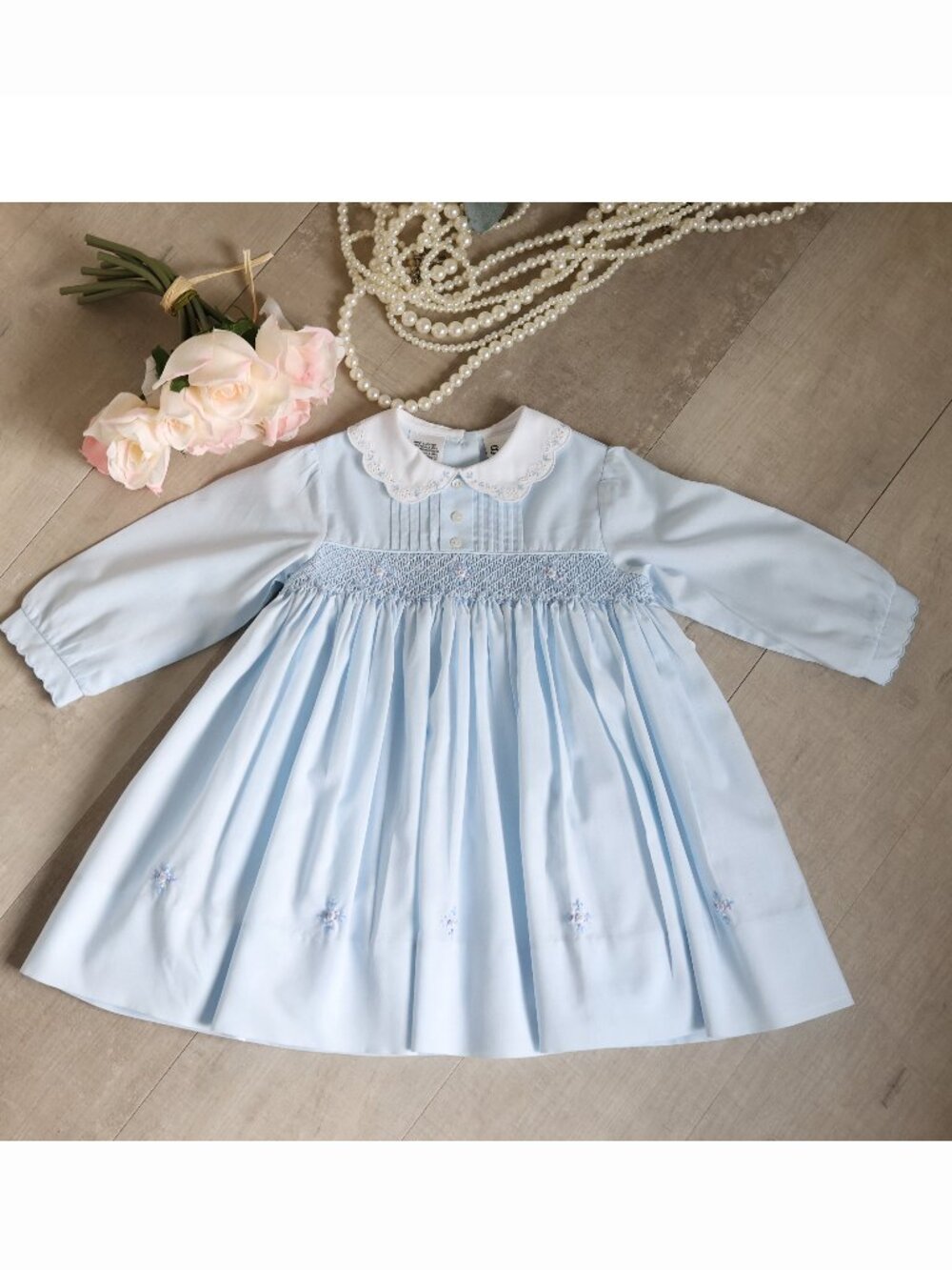 Blue Smocked Dress Long Sleeve Pin Tucks Hand Embroidery Sarah Louise 12 Months